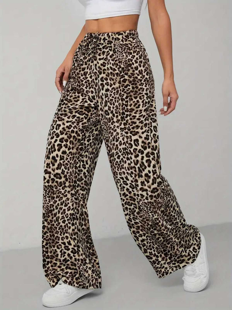 1970er Leopard Weites Bein Kordelzug Hose