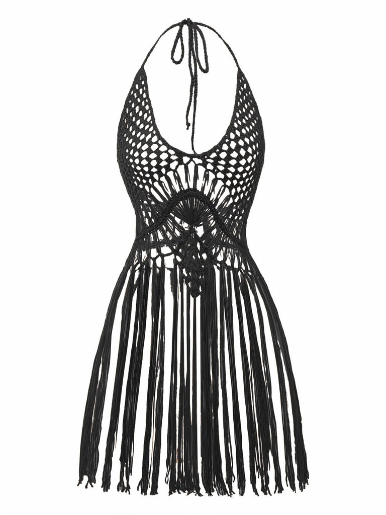 1960er Häkeln Fransen Cutout Halter Bikini Cover-Up