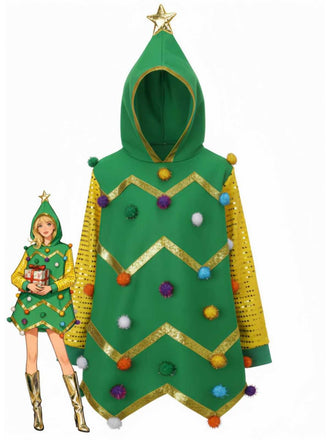 1950er Weihnachtsbaum Hoodie mit Bunt Pompons