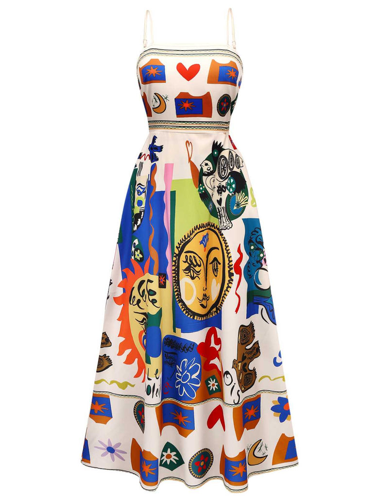 Multicolor 1970er Spaghetti Träger Graffiti Kleid