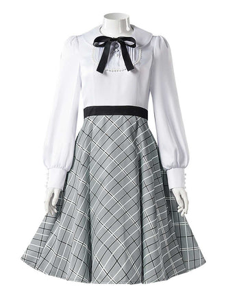 Grau 1940er Peter Pan Kragen Bogen Plaid Kleid
