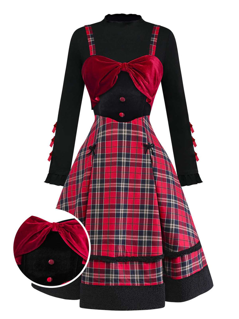 [Vorverkauf] 2PCS 1950er Samt Bogen Rollkragen Stricken Top & Plaid Kleid