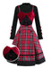 [Vorverkauf] 2PCS 1950er Samt Bogen Rollkragen Stricken Top & Plaid Kleid