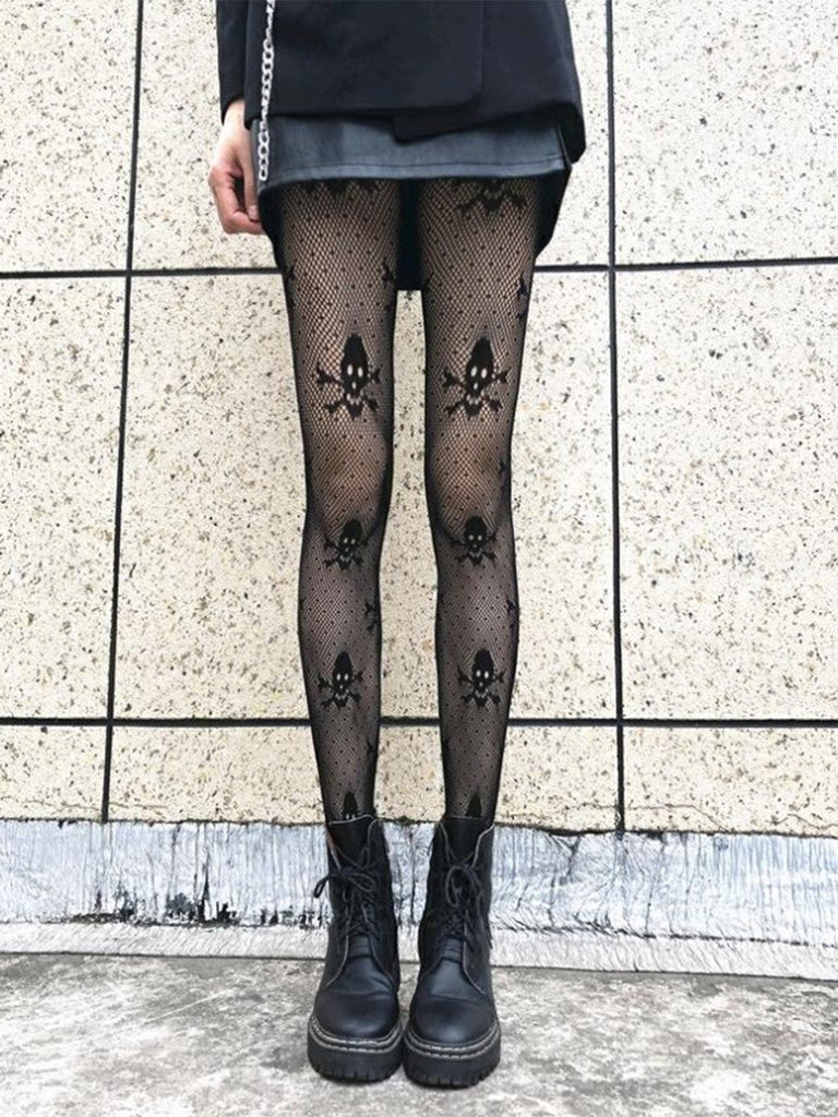 Schwarz Gothic Schädel Netzstrumpfhose