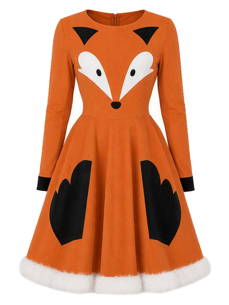 Orange 50er Fuchs-Kostümkleid mit Kunstpelz und Schwanz