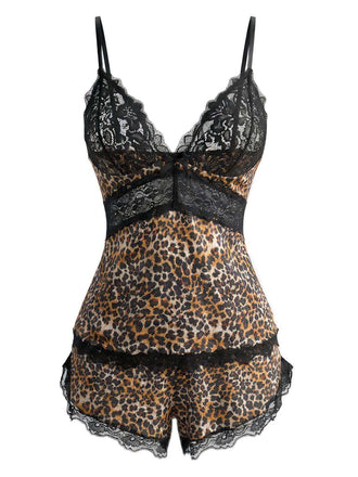 Braun 1970er Leopard Spitze Spaghetti Träger Pajama Set