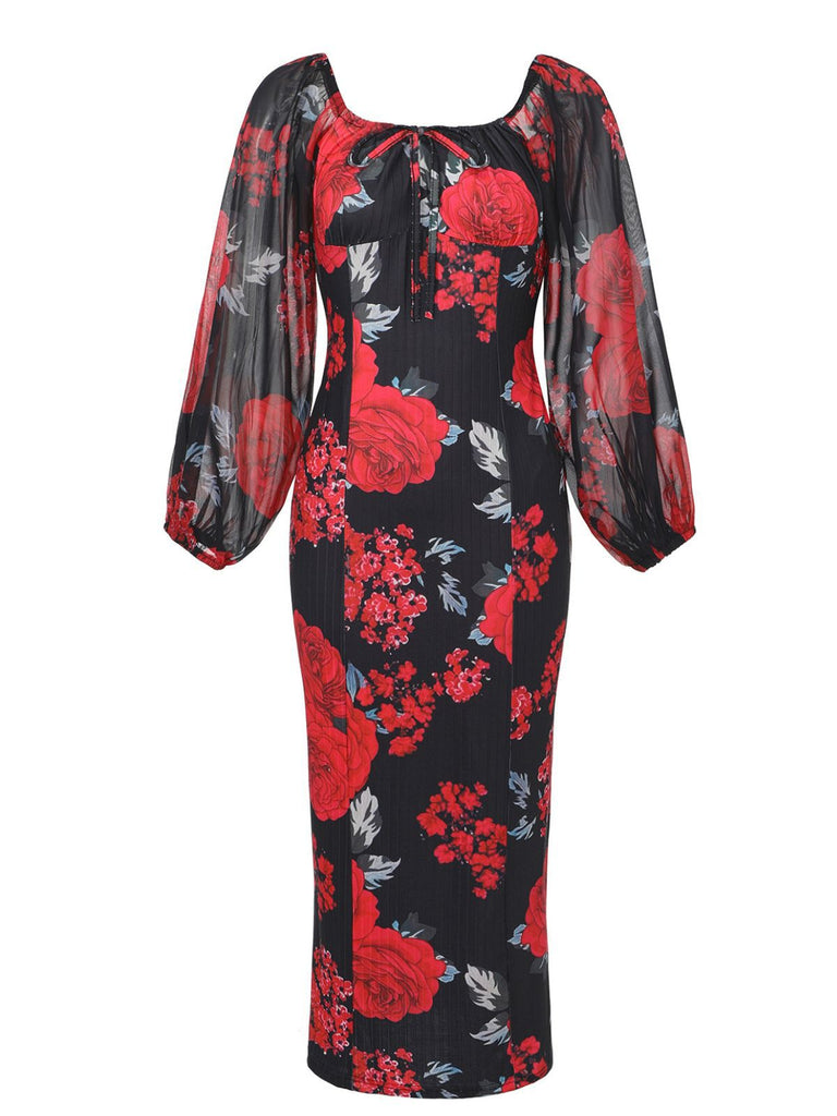 Rot 1960er Französisch Tee Blumen Schulterfrei Enges Kleid