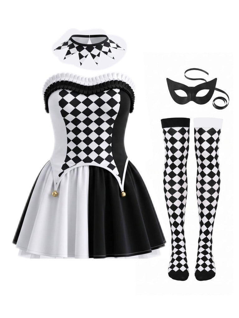 Schwarz-weißes 80er Harlekin-Korsettkleid