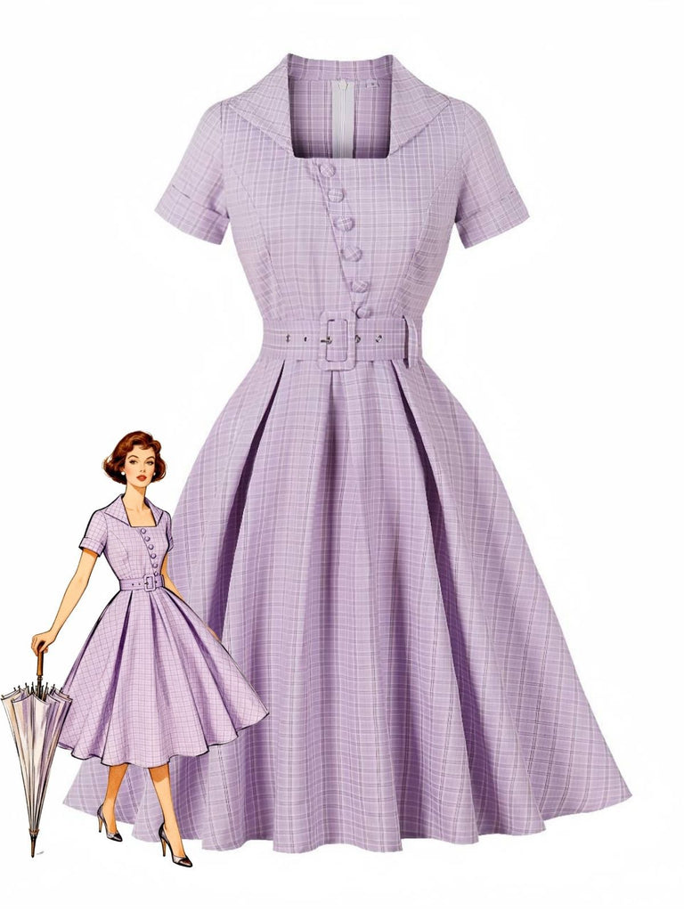 Lila 1950er Kariert Quadratischer Hals Knopf Swing Kleid
