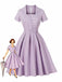 Lila 1950er Kariert Quadratischer Hals Knopf Swing Kleid