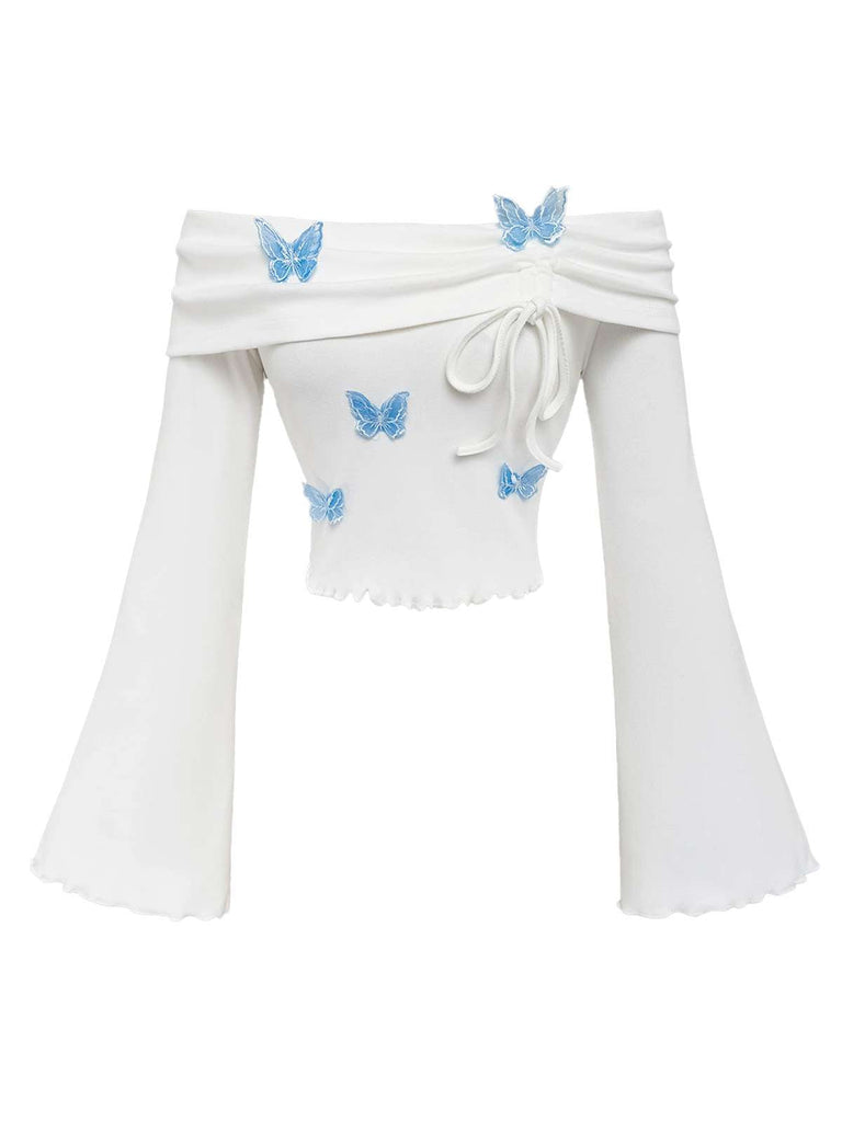 Weiß 1970er Schmetterling Schulterfrei Glockenärmel Top