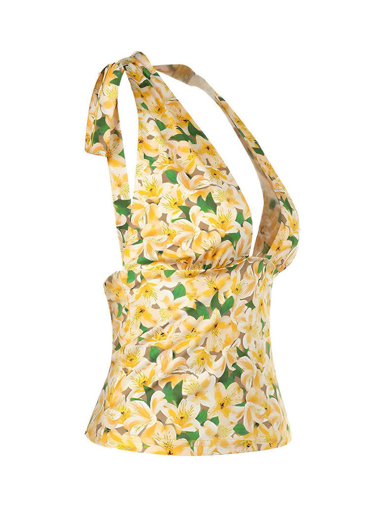 Gelb 1950er Halter Tief V-Ausschnitt Lily Top