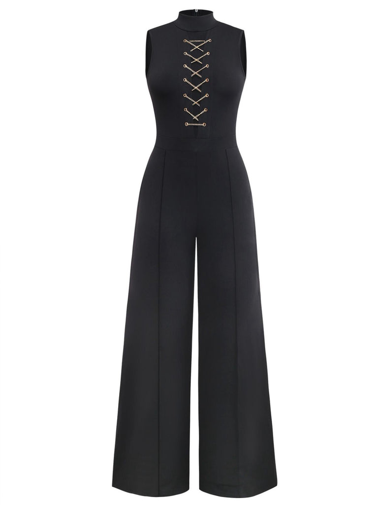 Schwarz 1930er Ärmellos Chain Kordelzug Halbrollkragen Jumpsuit