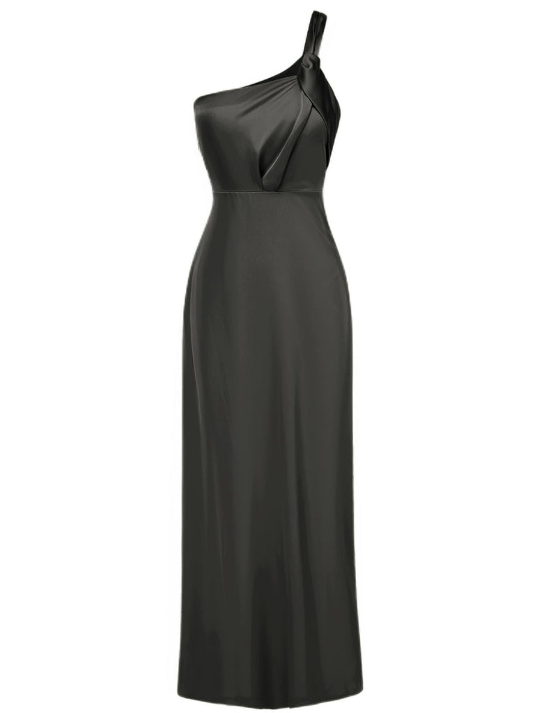 1940er Solide Satin Eine Schulter Kleid