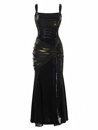 Schwarz 1980er Gothic Spaghetti-Träger Spitze Maxi Kleid