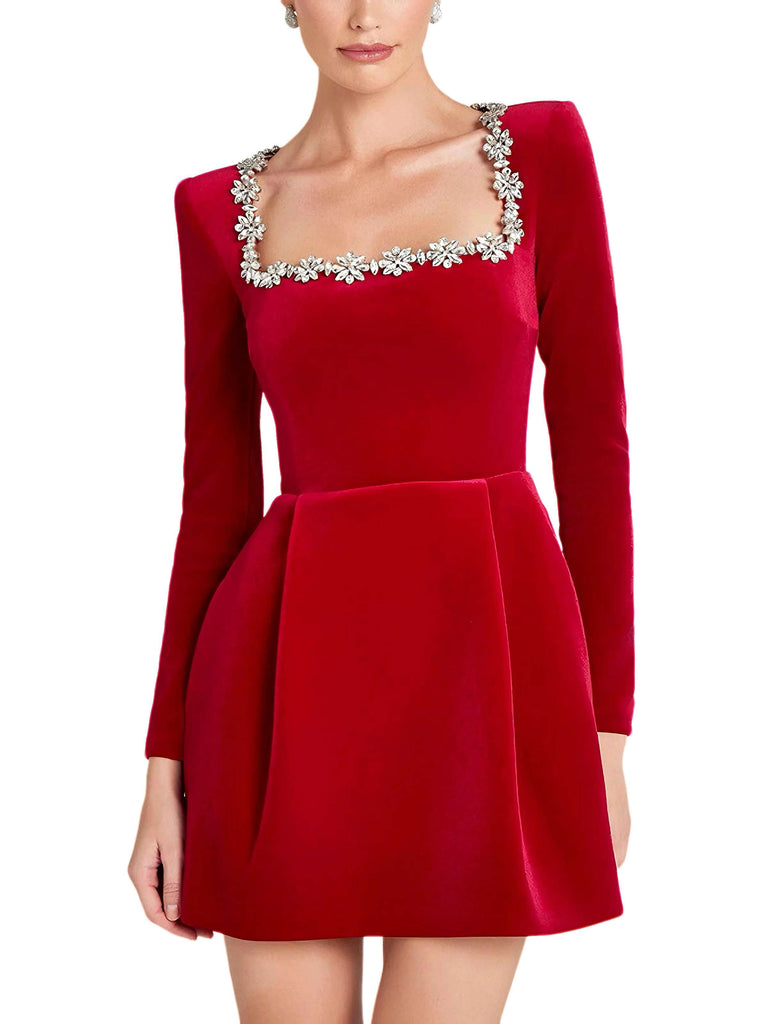 Rot 1960er Samt Diamant Quadrat Hals Kleid