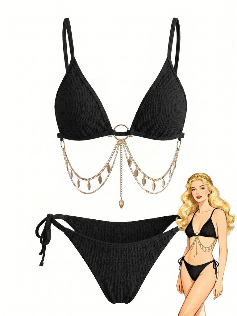 60er Bikini-Set mit Goldkette und gerippt in Weinrot