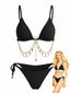 Schwarzes 60er Bikini-Set mit Goldkette und Rippstruktur