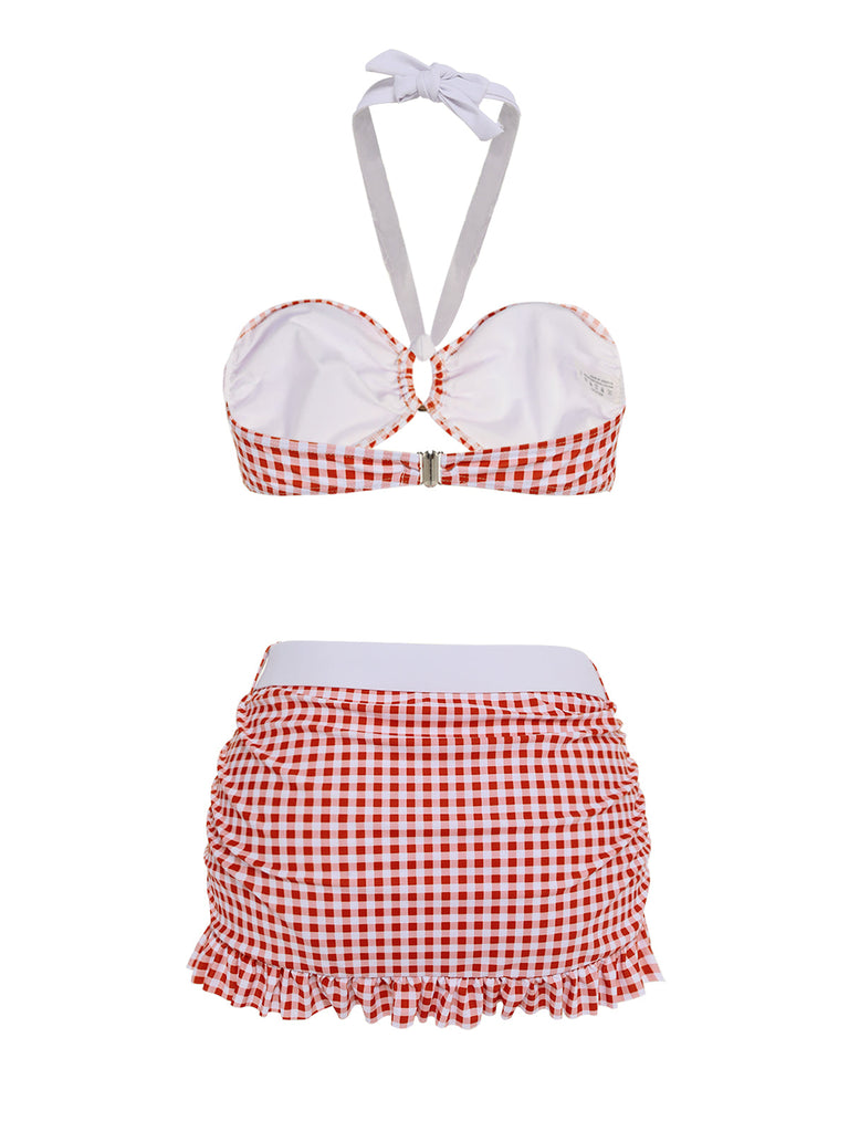 RETRO ROTES KARIERTES HALFTER BIKINI-SET