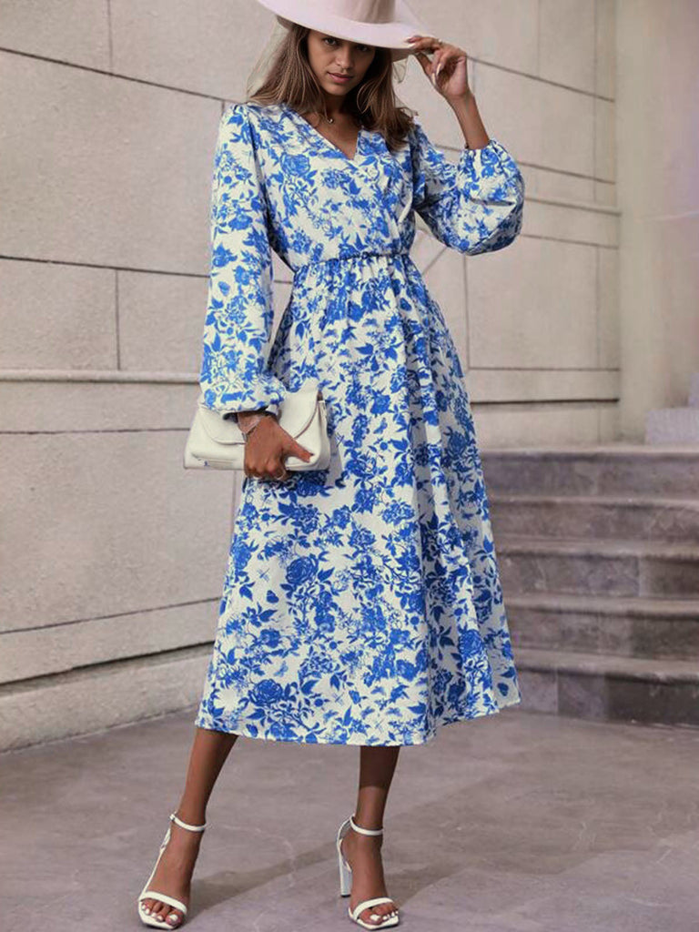 Blau 1940er V-Ausschnitt Blumen Lange Ärmel Kleid