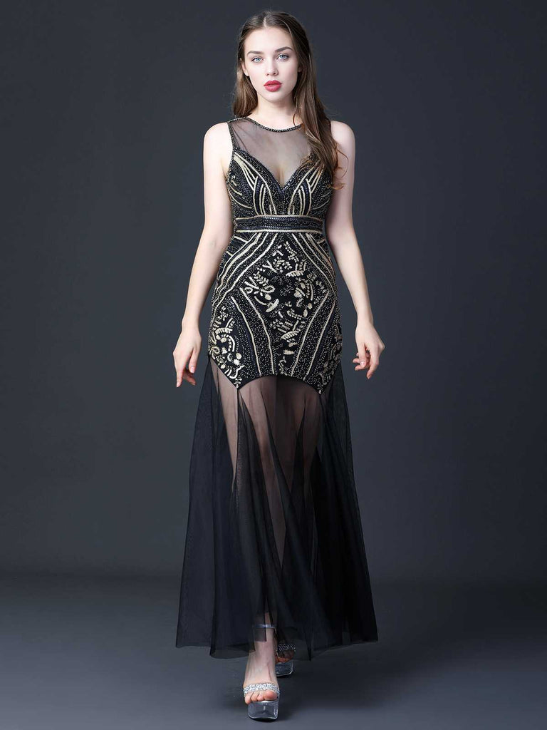 Schwarz 1920er Rundhals Transparentes Perlenbesatz Kleid