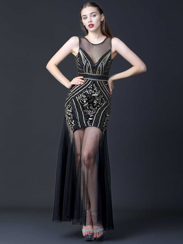 Schwarz 1920er Rundhals Transparentes Perlenbesatz Kleid