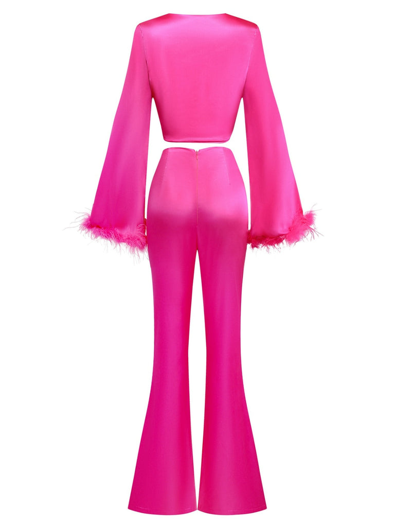 2PCS 1970er Feder Cuff Tie-Up Crop Top & Schlitz Hose