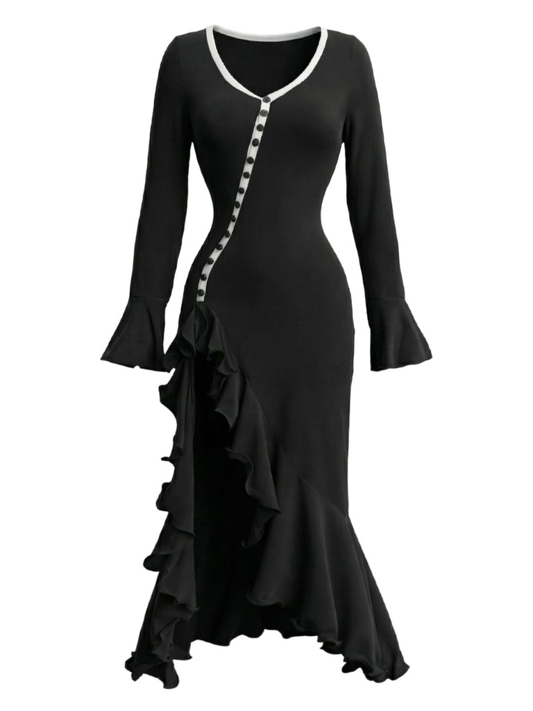 1930er Rüschen Taste Seiten Schlitz Midi Kleid