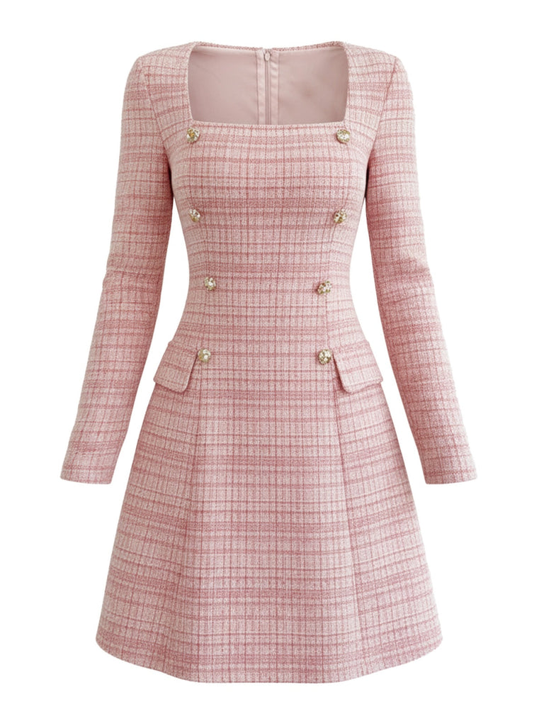 Rosa 1960er Kariert Tweed Geknöpft Quadratischer Hals Kleid