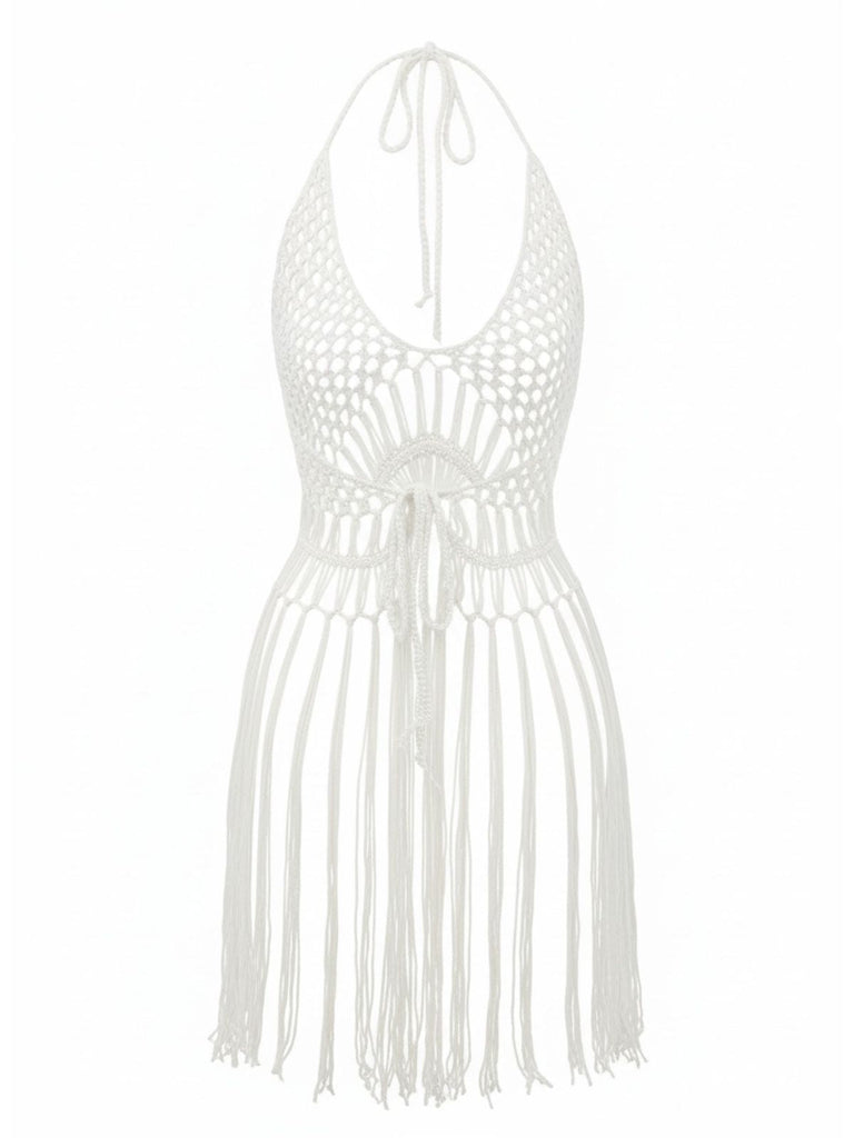 1960er Häkeln Fransen Cutout Halter Bikini Cover-Up