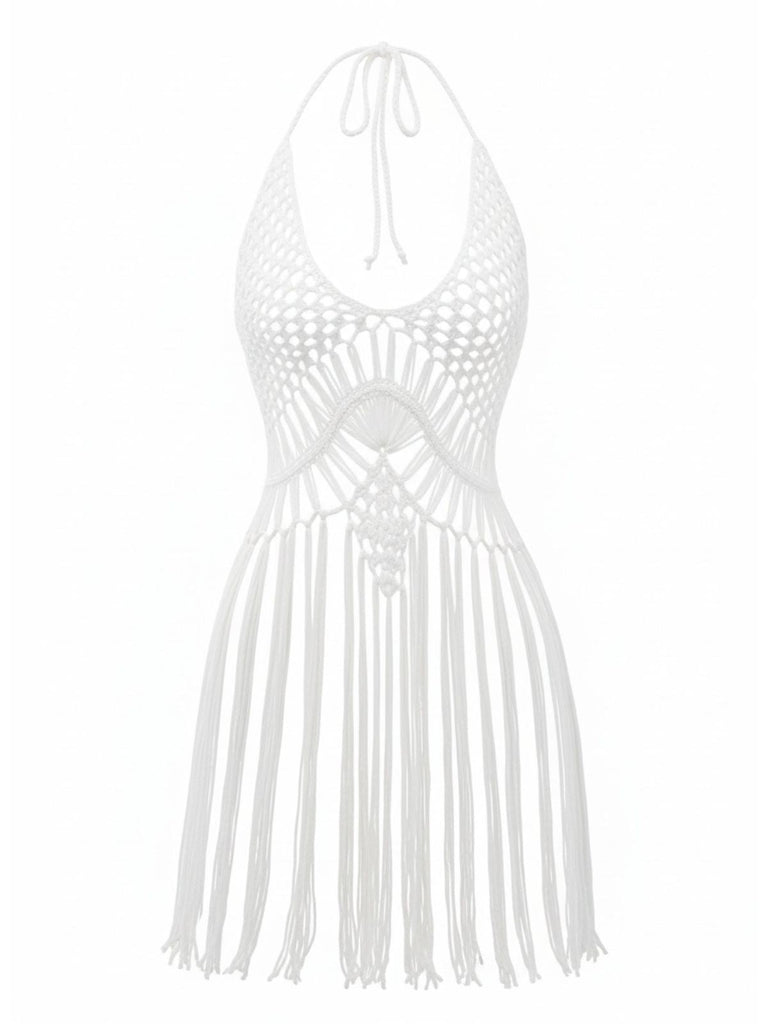 1960er Häkeln Fransen Cutout Halter Bikini Cover-Up
