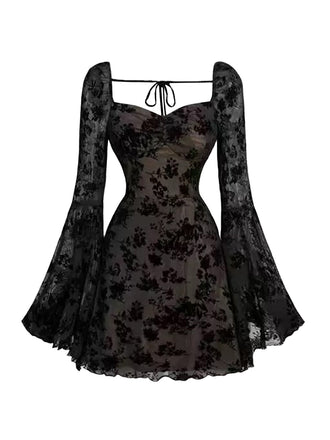 Schwarz 1950er Spitze Blumen Bischofsärmel Kleid