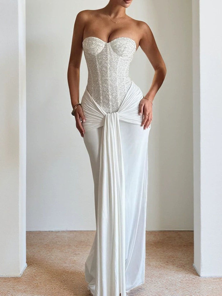 1930er Solide Schnürung Trägerlos Maxi Kleid