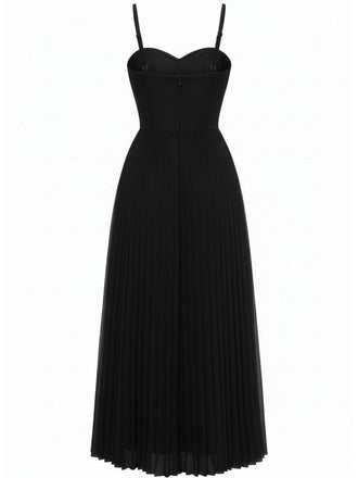 Schwarz 1930er Solide Plissiertes Riemchen Abend Kleid