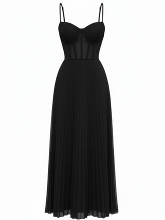 Schwarz 1930er Solide Plissiertes Riemchen Abend Kleid