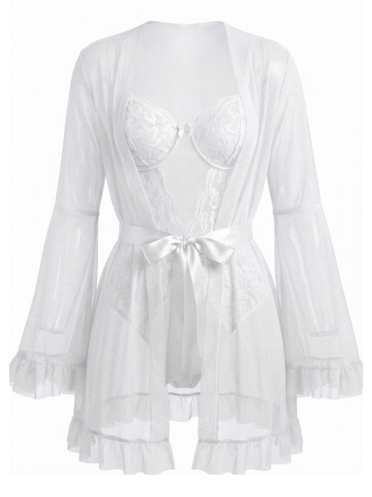 1960er Solide Transparent Spitze Patchwork Nachtwäsche Set