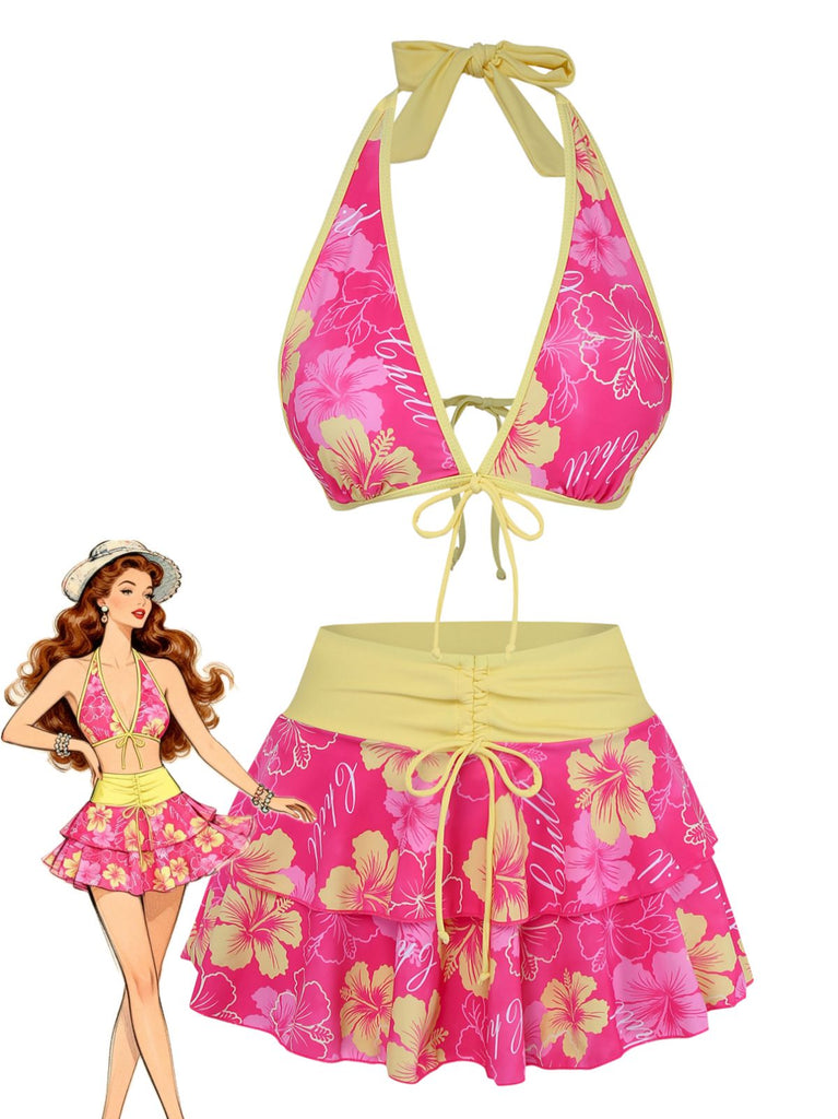 Braun 1960er Blumen Druck Bindefront Geschichtet Bikini Set