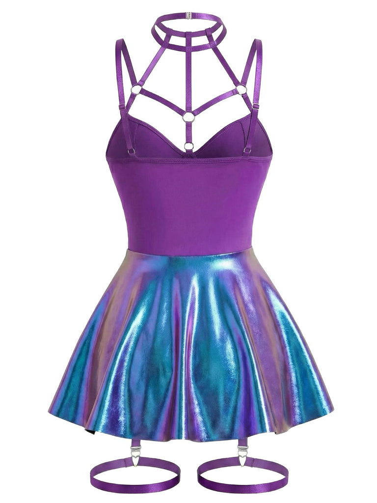 Blau 1970er Lackleder Halter Laser Slip Nachthemd