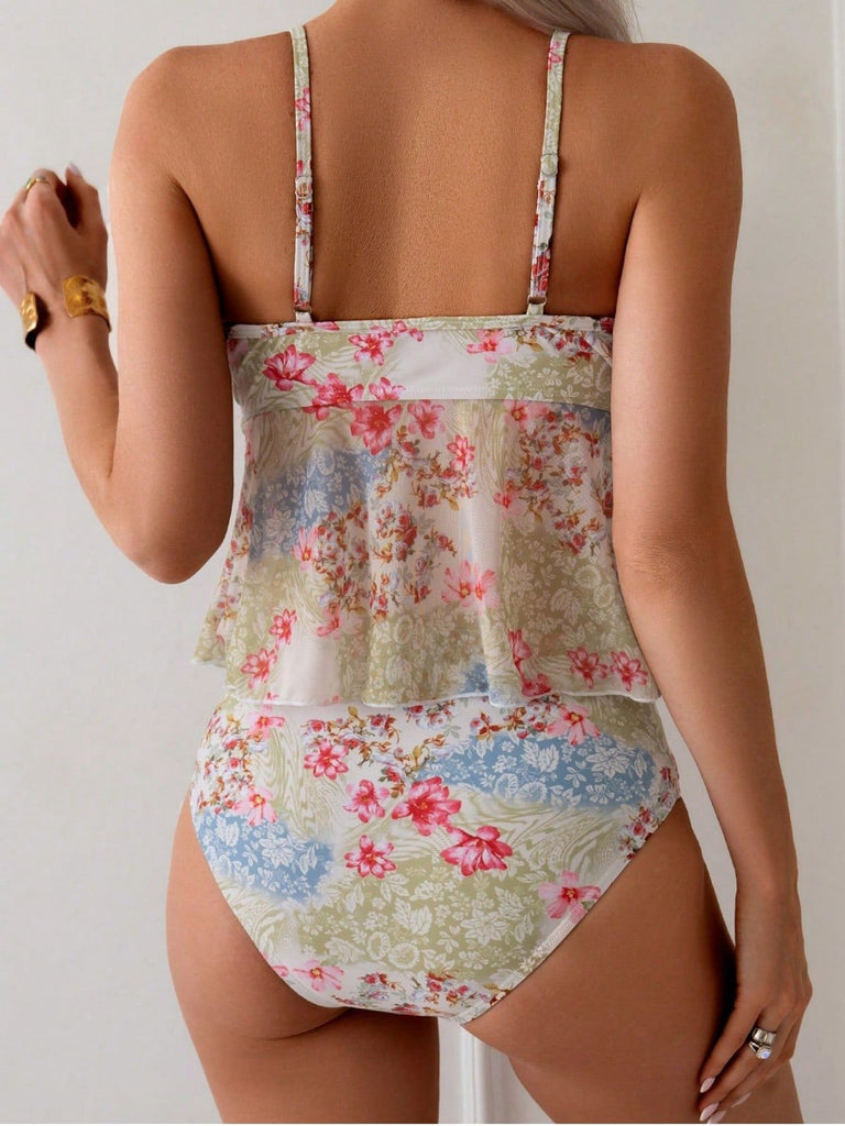 Rosa 30er Tankini-Set mit Spaghettiträger und Blumen