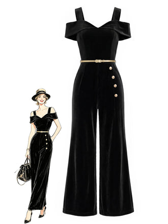 Schwarzer 50er Cold-Shoulder Jumpsuit mit Samt und Breit