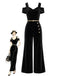 Schwarzer 50er Cold-Shoulder Jumpsuit mit Samt und Breit