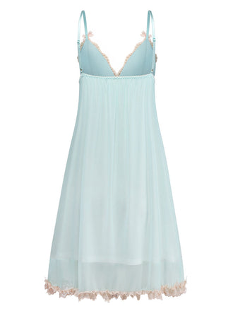 Grün 1960er Netz Spitze Patchwork Bogen Träger Nachthemd