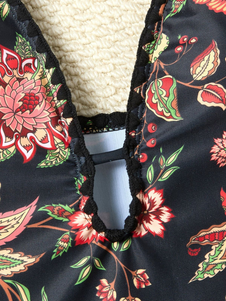 2PCS 1960er Tief V-Ausschnitt Fransen Badeanzug & Cover-Up