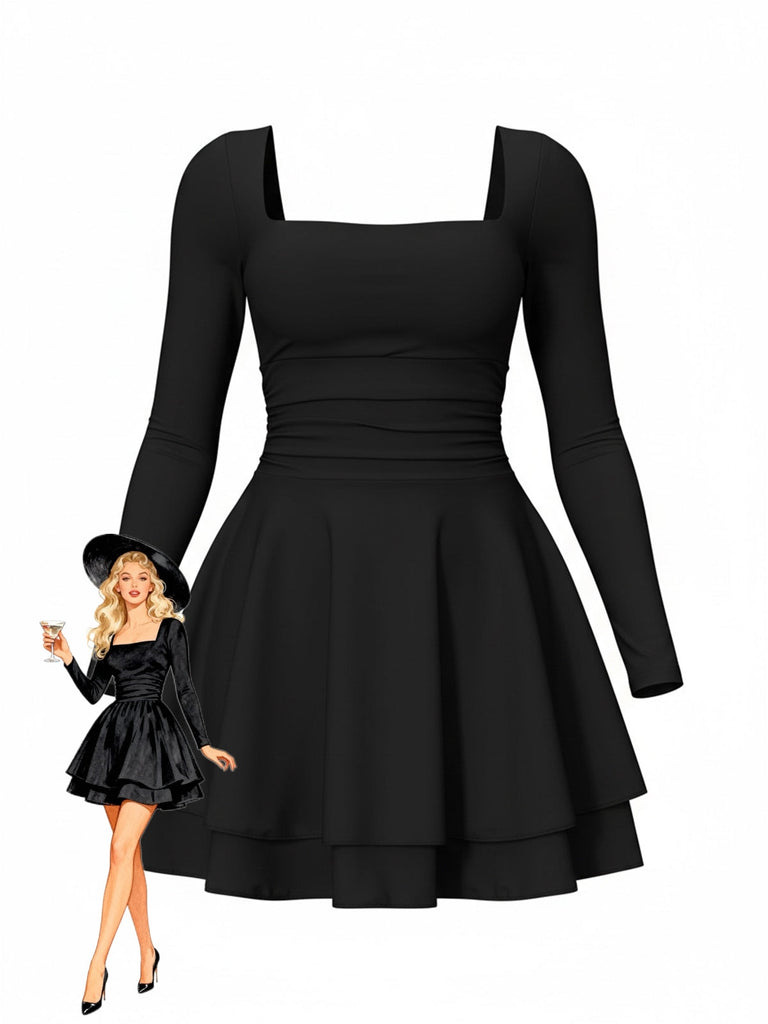 1980er Solide Tailliert Quadratischer Hals Langarm Kleid