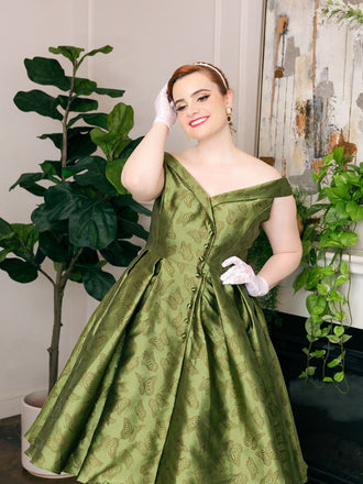 1950ER GRÜNES SCHULTERFREIES VINTAGE KLEID