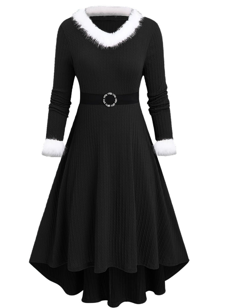 [Übergröße] Weiß 1940er Pelzkragen V-Ausschnitt Gürtel Kleid