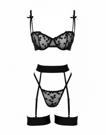 Schwarz 3PCS 1980er Spitze Bogen Detail Wäsche Set