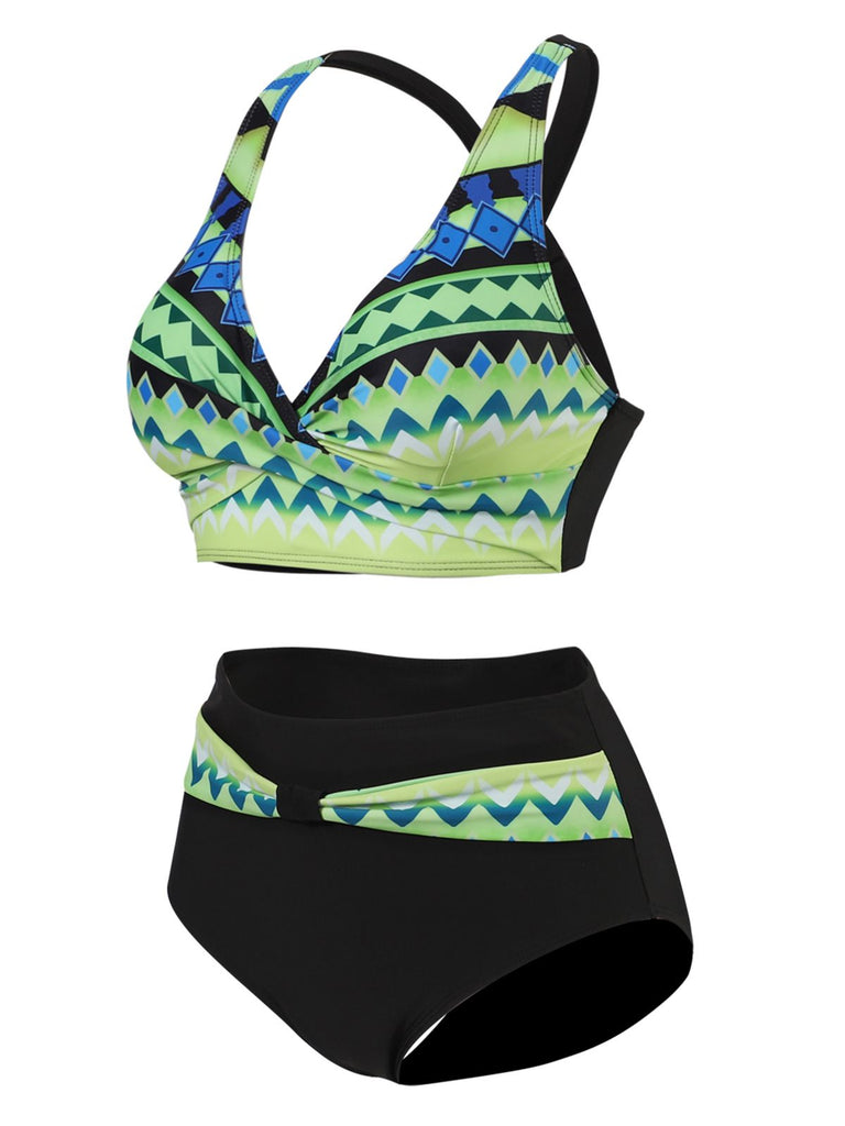 1940er Unregelmäßig bedrucktes Patchwork Bikini Set