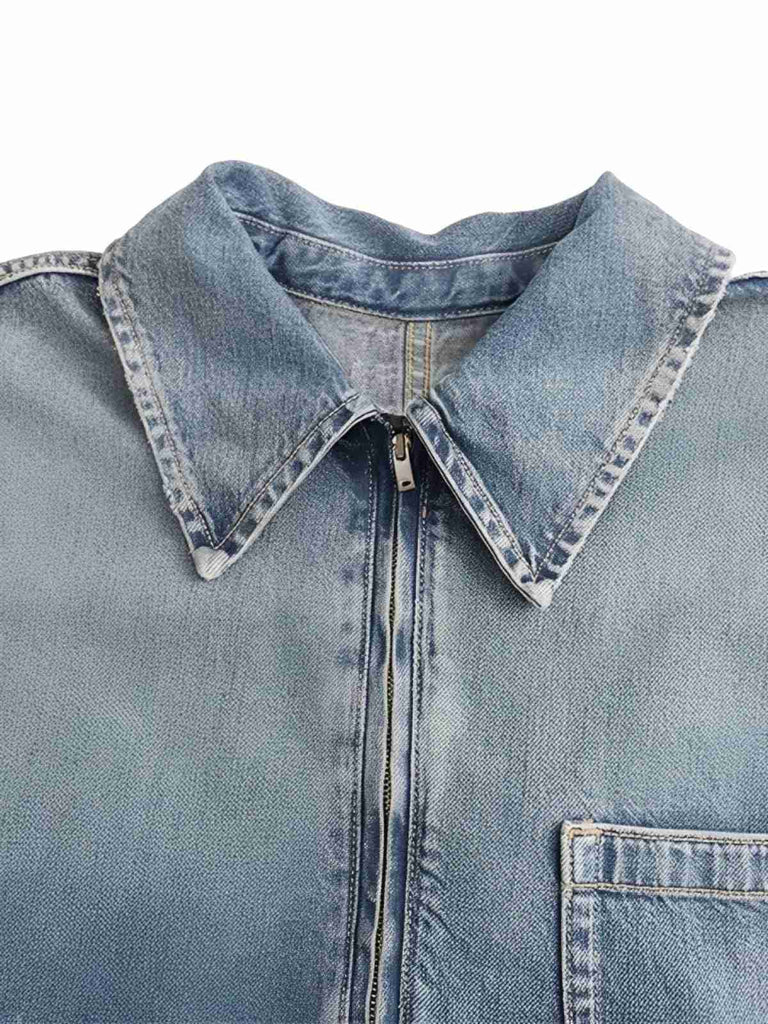 Blau 1970er Loose Revers Denim Kleid