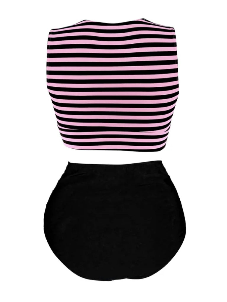 [Übergröße] Rosa & Schwarz 1970er Gestreifter Taillengürtel Patchwork Bademode